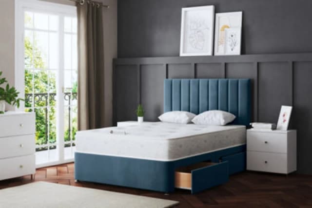 DS Living Amelia Blue Upholstered Panel Divan Bed With Headboard And Two Drawers Single