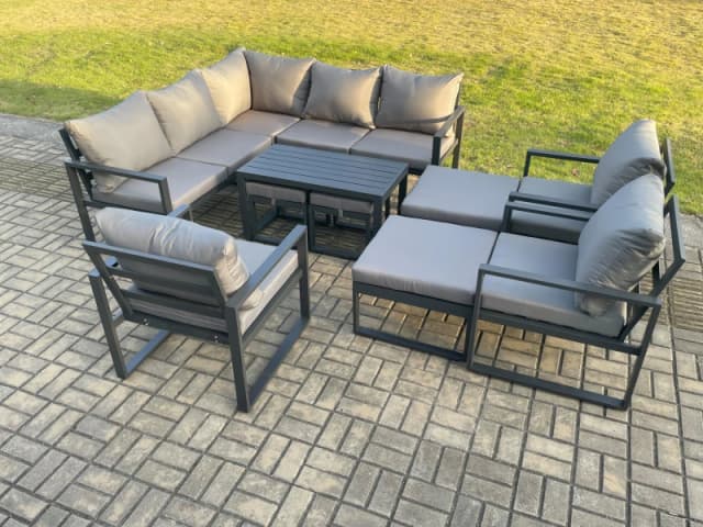 Fimous 12 Seater Aluminium Outdoor Garden Furniture Set Patio Lounge Sofa with Oblong Coffee Table Chair 2 Small Footstools Big Footstool in Dark Grey