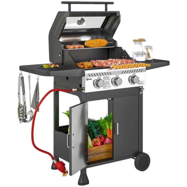 Outsunny 3 Burner Propane Gas BBQ Grill with See-through Lid and Thermometer TJ Hughes 5063603027190