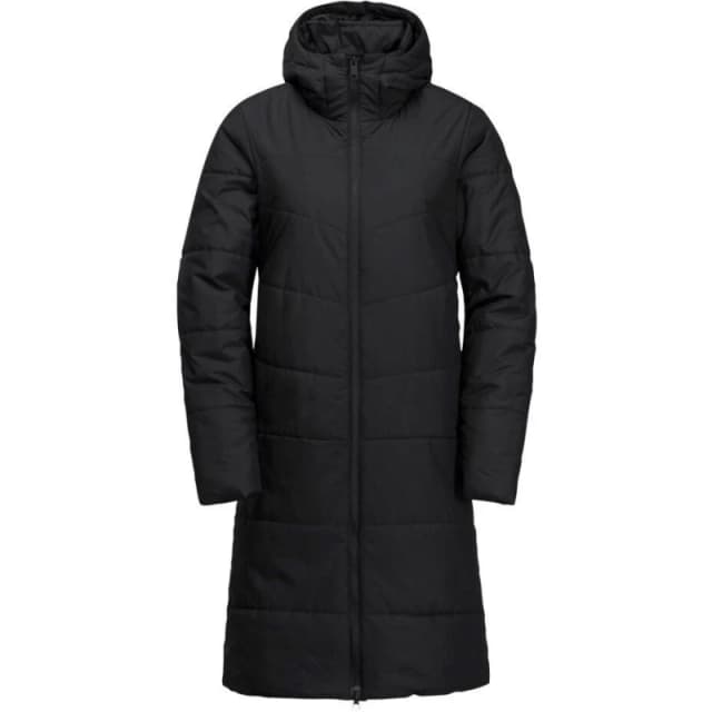 Jack Wolfskin Womens Deutzer Water and Wind Resistant Knee Length Hooded Insulated Puffer Jacket Black female 8 (XS)