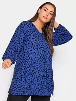 Yours Long Sleeve Pleat Swing Top Spot, Blue, Size 18, Women