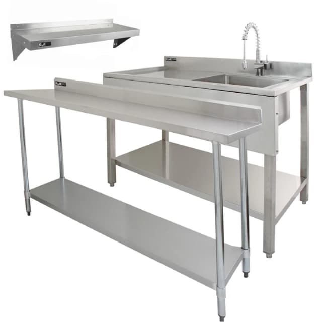 MonsterShop 6ft Stainless Steel Catering Bench, Stainless Steel Sink - Left Hand Drainer & 2 X Wall Mounted Shelves