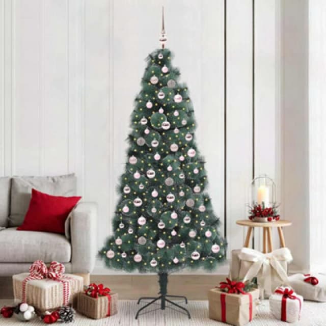 vidaXL Artificial Pre-lit Christmas Tree with Pink Ball Set Green 210 cm, Green 3396180