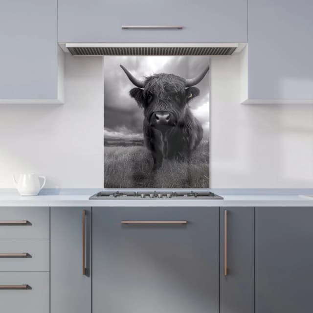 Warren Reed - Designer Black & White Highland Cow Kitchen Splashback in Grey Size: 600mm x 750mm Grey Unisex 600mm x 750mm