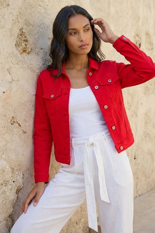 Roman Womens Classic Cotton Denim Jacket in Red Size: 16 Red Female 16