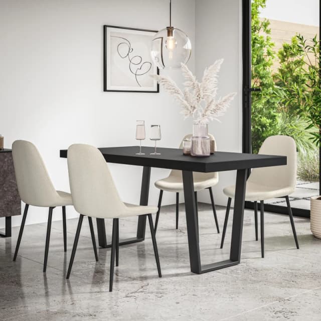 More4Homes Aria Dining Table And Chairs - Black Table Top W Black Legs + Maya Boucle Dining Chair Set Of 4 (Ivory White)