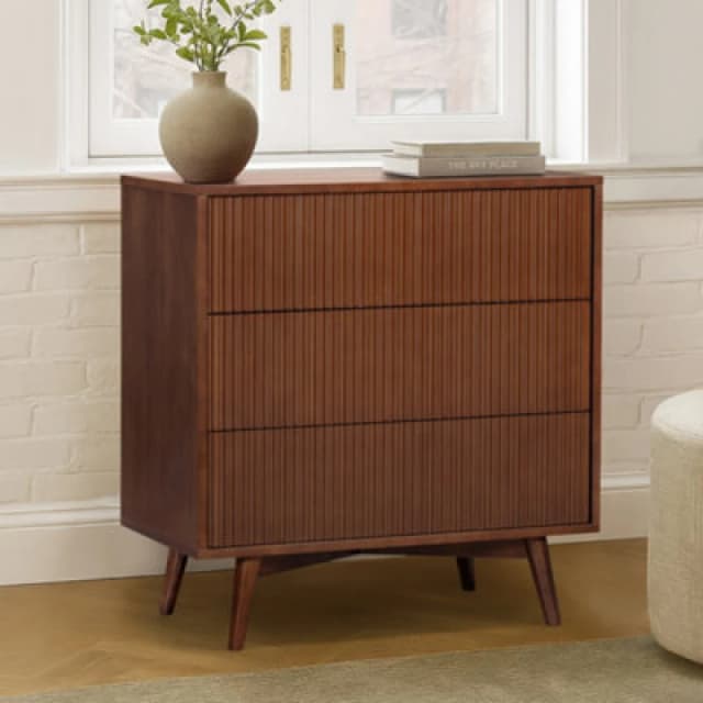 Teamson Home Tremolo Chest Of Drawers 3 Fluted Push-Open Drawer Bedroom Dresser, Walnut