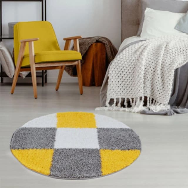 THE RUGS Fluffy & Soft Shaggy Rugs Living Room Rug in Yellow - Elegant Geometric Design Carpets For Bedrooms & Kitchen 381 Size: 120cm diameter Y