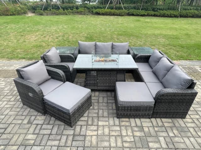 Fimous Rattan Outdoor Furniture Gas Fire Pit Rectangle Dining Table Gas Heater Reclining Chair 3 Seater Sofa Sets with Side Table Dark Grey
