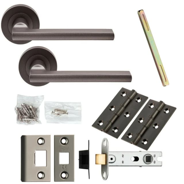 Loops Door Handle & Latch Pack Matt Bronze Plinth Mounted Bar Screwless Round Rose Multi