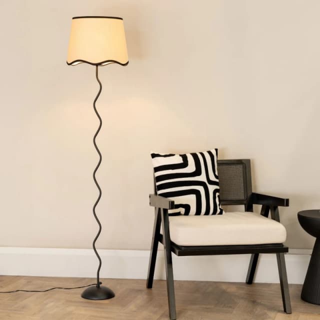 ValueLights Wiggle Black Metal Stem Floor Lamp with Linen Scallop Trim Tapered Lamp Shade Black