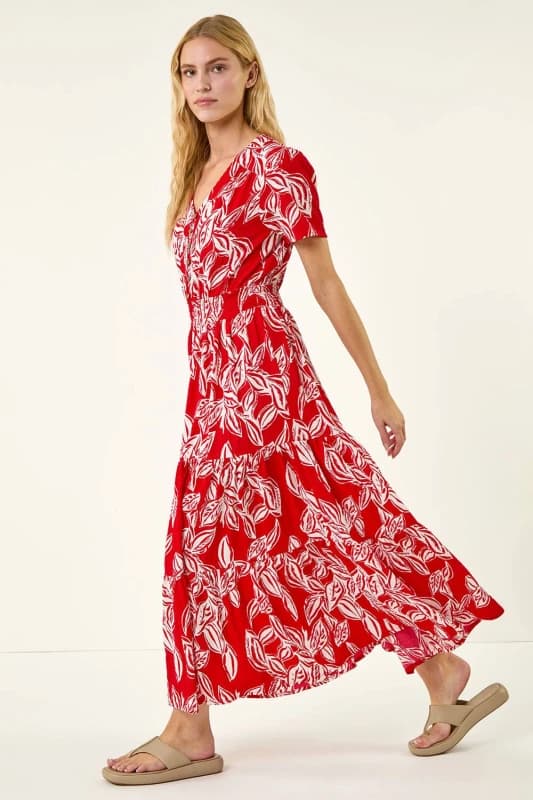 Roman Womens Leaf Print Shirred Maxi Dress in Red Size: 12 Red Female 12