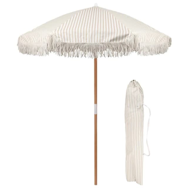 Harbour Housewares 1.4M Wooden Garden Parasol with Tassel Fringe with Carry Bag - UPF30+ in Beige Beige Unisex