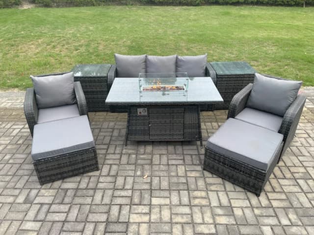 Fimous Wicker Rattan Garden Furniture Sofa Set Gas Fire Pit Dining Table Indoor Outdoor with 2 Side Table Chair 2 Big Footstool Dark Grey