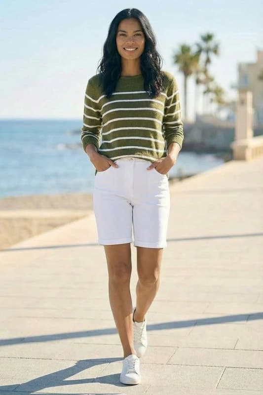 Roman Womens Slash Neck Stripe Knit Jumper in Khaki Size: Medium Khaki Female M