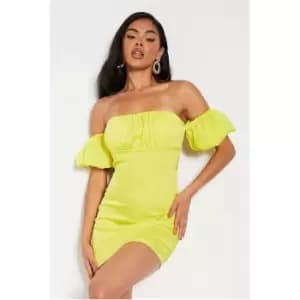 I Saw It First Satin Ruched Bust Bardot Puff Sleeve Tie Back Bodycon Dress - Yellow