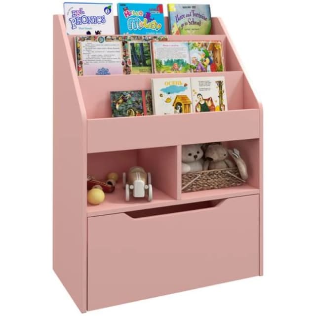 HOMCOM HOMCOM Kids Bookcase, Toy Box w/ Storage Drawer, Wheels for Bedroom - Pink