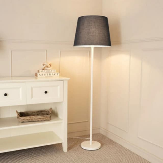 ValueLights Charlie White Metal Single Stem Floor Lamp with Fabric Tapered Lamp Shade Black