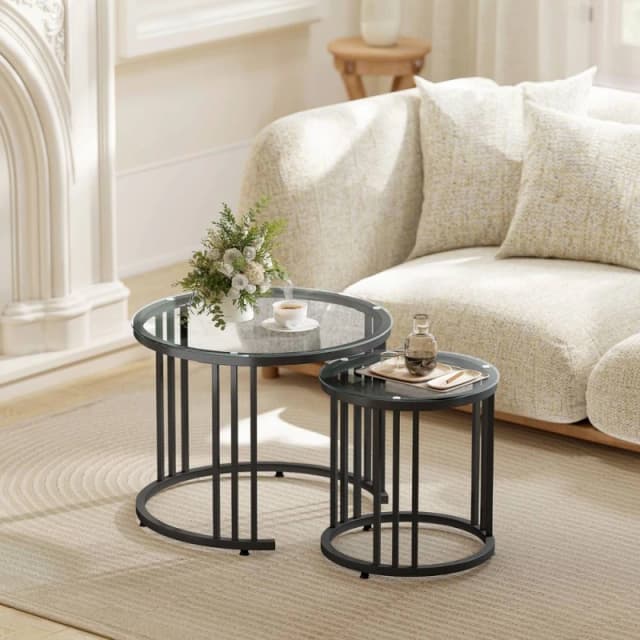 HOMCOM 2 Pieces Round Nesting Coffee Tables with Tempered Glass Top, Black Size: 60cm x 60cm Black Unisex 60cm x 60 cm