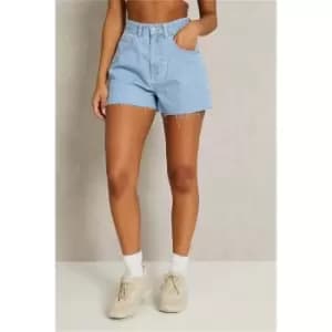 I Saw It First Light Wash Raw Hem Denim Shorts - Blue