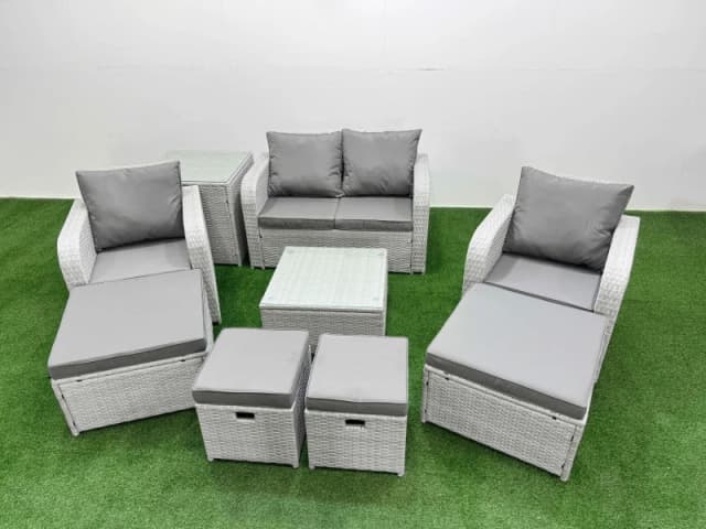 Fimous PE Rattan Love Sofa Reclining Chair Set with 4 Footstools Side Table in Light Grey Light Grey Unisex