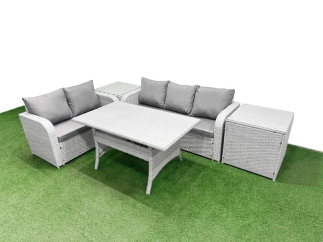 Fimous 5 Seater PE Rattan Wicker Garden Furniture Patio Conservatory Sofa Set with Rectangular Dining Table 3 Seater Sofa Love Sofa 2 Side Table Light
