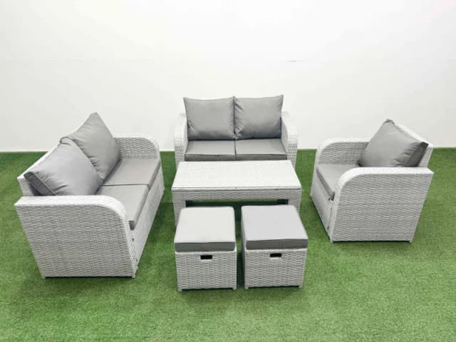 Fimous High Back Poly Rattan Garden Furniture Set with Reclining Chair Loveseat Sofa Oblong Coffee Table Indoor Outdoor Patio Set 2 Stool Light Grey