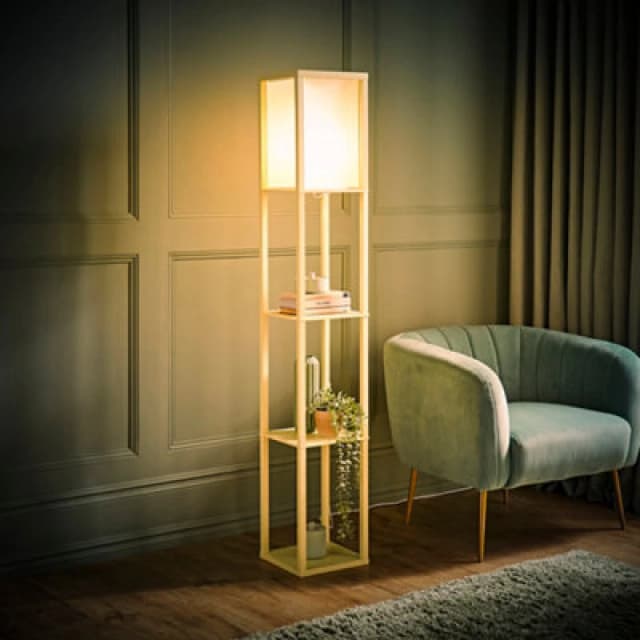 ValueLights ValueLights Struttura Pastel Wooden Shelving Floor Lamp with Fabric Shade and Bulb in Yellow Yellow One Size Unisex 5059406065903