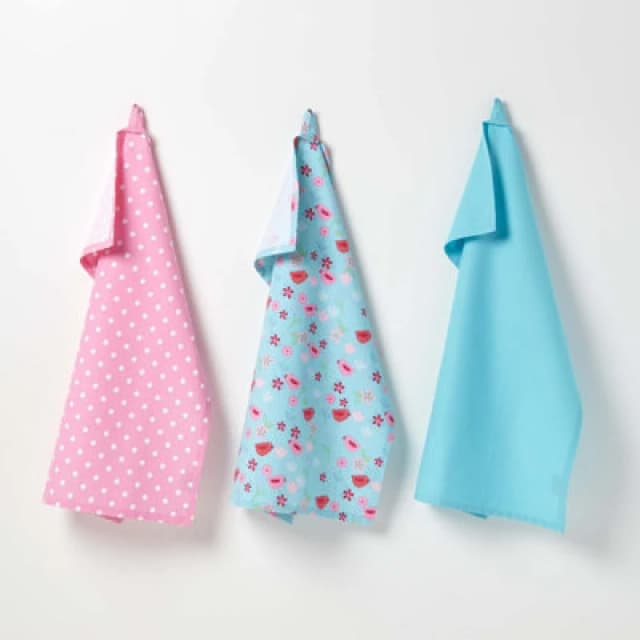 Homescapes Cotton Birds and Flowers Pink Blue Tea Towels Set Of Three Blue unisex