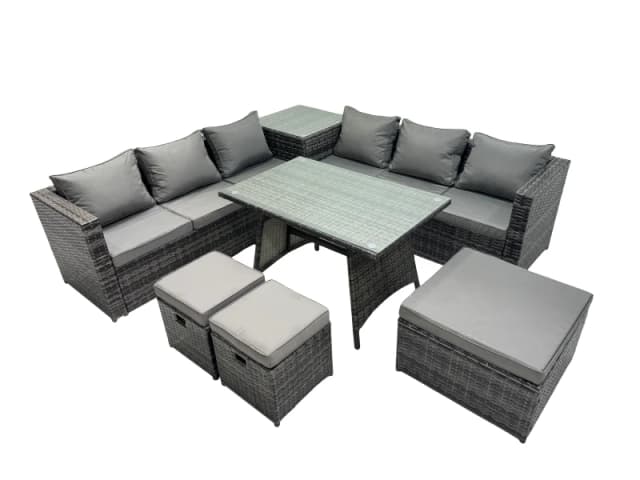 Fimous Garden Rattan Furniture Set 9 Seater with Side Table 3 Stool Dark Grey Dark Grey Unisex