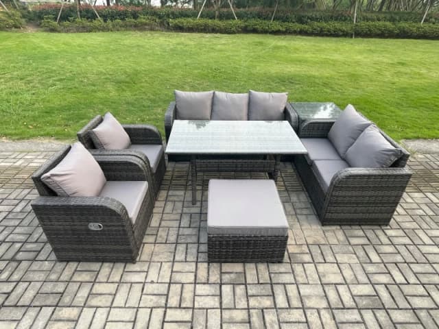 Fimous Dark Grey Wicker Rattan Garden Furniture Set Reclining Chair Love Sofa 2 Seater Sofa Set Outdoor Rectangular Dining Table Side Table 8 Seater D
