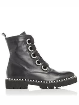 Dune London Purla Leather Pearl Eyelet Biker Ankle Boot - Black, Size 7, Women