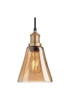 Brooklyn Tinted Glass Flask Pendant, 6 Inch, Amber, Brass Holder