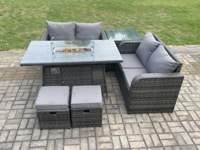 Fimous Rattan Garden Furniture Set with Gas Fire Pit Table 6 Pieces Outdoor Loveseat Sofa Set Dark Grey Mixed Dark Grey