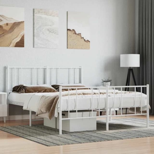 Vidaxl Metal Bed Frame With Headboard And Footboard White 120X190 Cm 4ft Small Double, White 352544