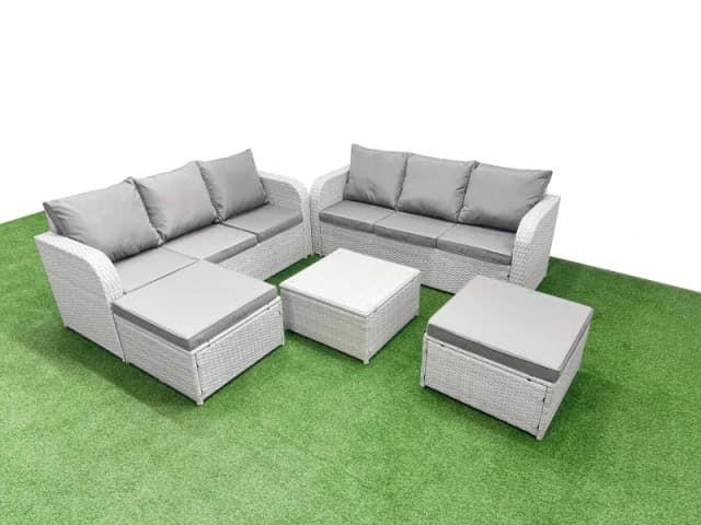 Fimous Outdoor Garden Furniture Sets 8 Seater Wicker Rattan Furniture Sofa Sets with Square Coffee Table high Back Lounge Sofa 2 Big Footstool Light G