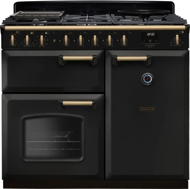 Rangemaster Classic Deluxe 100 Dual Fuel CLDL100DFPCBL/AB1 100cm wide Dual Fuel Range Cooker with Gas Hob - Charcoal Black / Antique Brass - A Rated