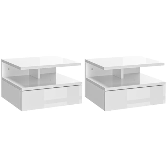 HOMCOM Nightstand Set of 2, Wall Mounted Bedside Cabinet, High Gloss White 831-338V00WT