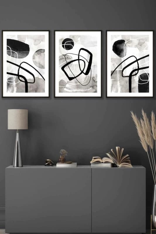 ARTZE Abstract Black Grey Watercolour Shapes Framed Wall Art - Medium Size: W45cm x H62cm x D20mm Black Unisex W45cm x H62cm x D20mm