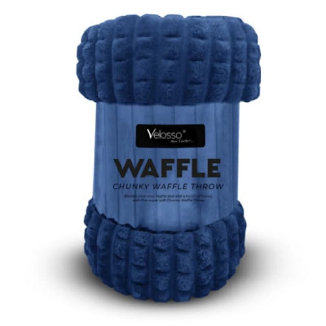 Velosso Elegant Waffle Style Ribbed Thermal Plush Throw - Cosy Winter Embossed Fur Blanket For Sofa, Bed - 127Cm X 152Cm - Navy