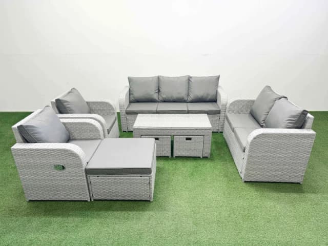 Fimous PE Rattan Garden Furniture Set Adjustable Chair Sofa Double Love Seat 2 Seater Sofa Lounge Set Rectangular Coffee Table 3 Stools Light Grey Lig