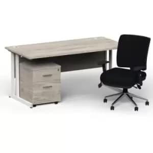 Impulse 1600/800 White Cant Desk Grey Oak + 2 Dr Mobile Ped & Chiro Med Back Black W/Arms