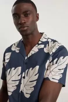 Mens Blue Floral Cotton Slub Print Revere Shirt