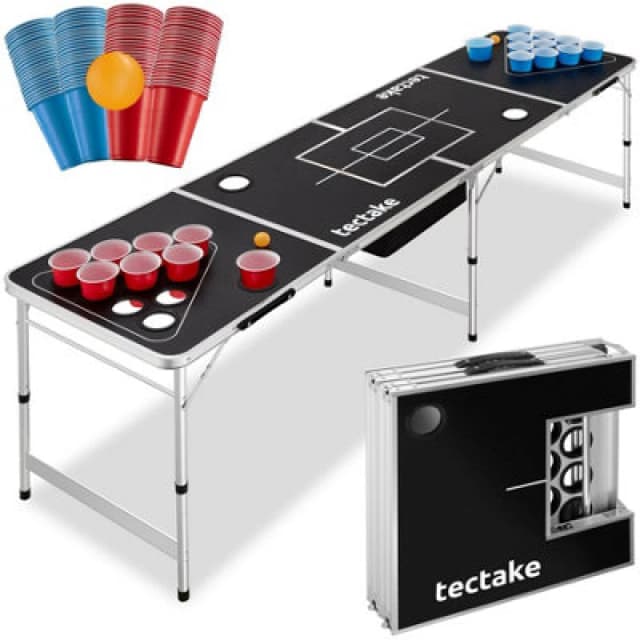 Tectake Beer Pong Table Blitz - Height Adjustable, Foldable, w/ Drinks Compartment, Black 404952