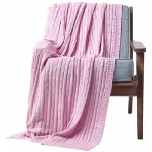 HOMESCAPES Cotton Cable Knit Pastel Pink Throw, 150 x 200cm - Pink