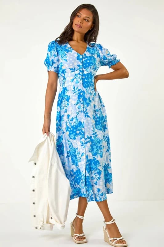 Roman Womens Button Through Floral Shirred Midi Dress in Blue Size: 18 Blue Female 18
