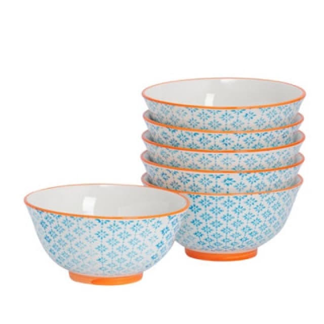 Nicola Spring Hand-Printed Cereal Bowls - 16Cm - Blue - Pack Of 6