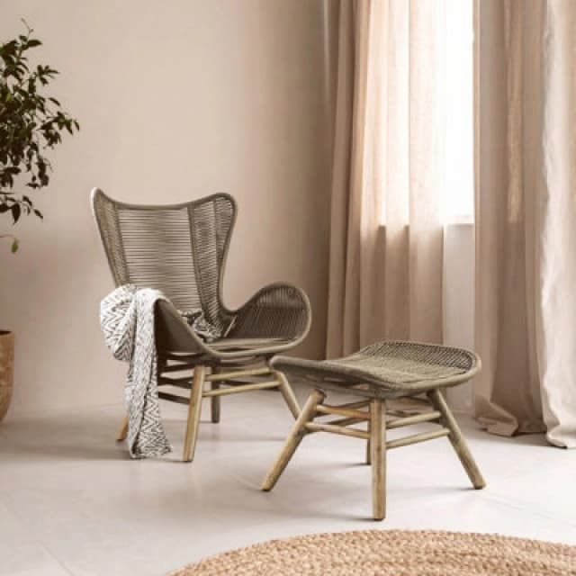 Orsina Latte Rope Lounge Chair And Footstool, High-Back Space-Saver Couch Chair, Space Saving Design Footrest