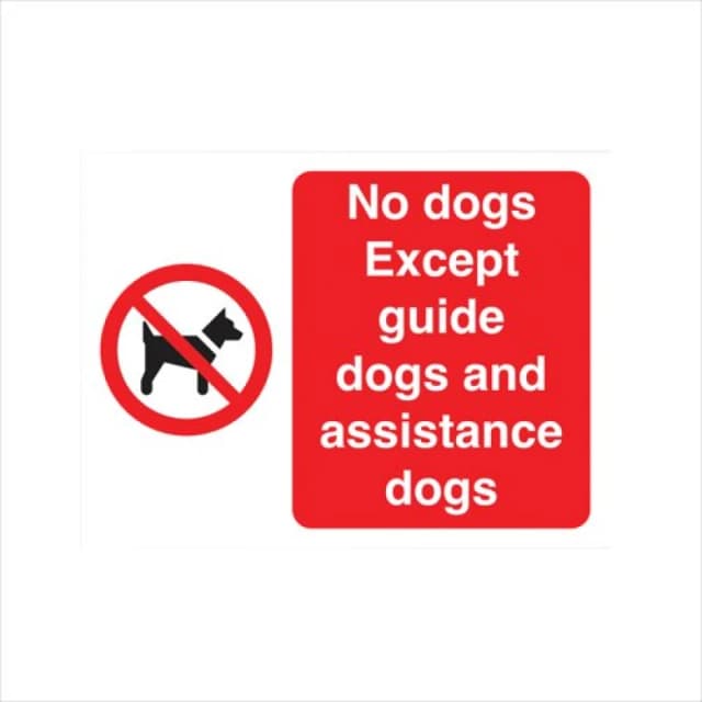 No Dogs Except Guide And Assistance Dogs Sign Self Adhesive 150x200mm White/Red Y7174190