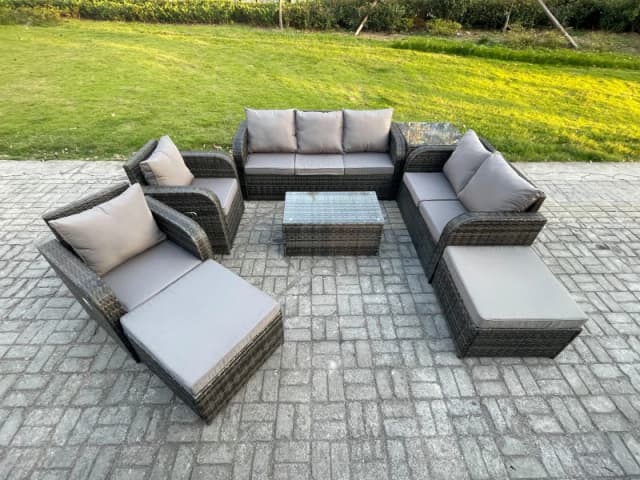 Fimous Patio Garden Furniture Sets Wicker Outdoor Rattan Furniture Sofa Sets with Rectangular Coffee Table Loveseat Sofa Dark Grey